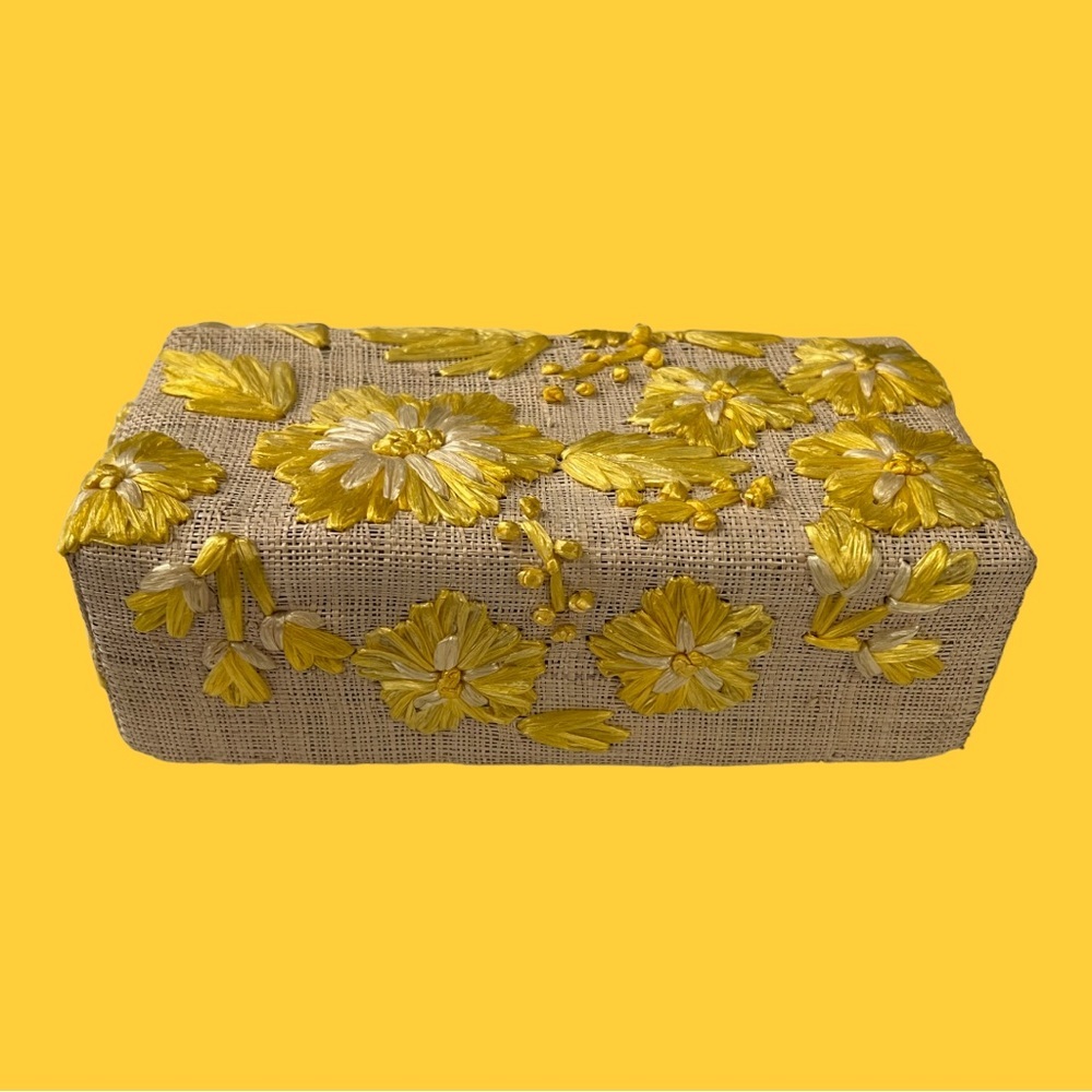 Vintage 1960s Floral Straw Woven Trinket Box Boho Yellow Flowers 60s
